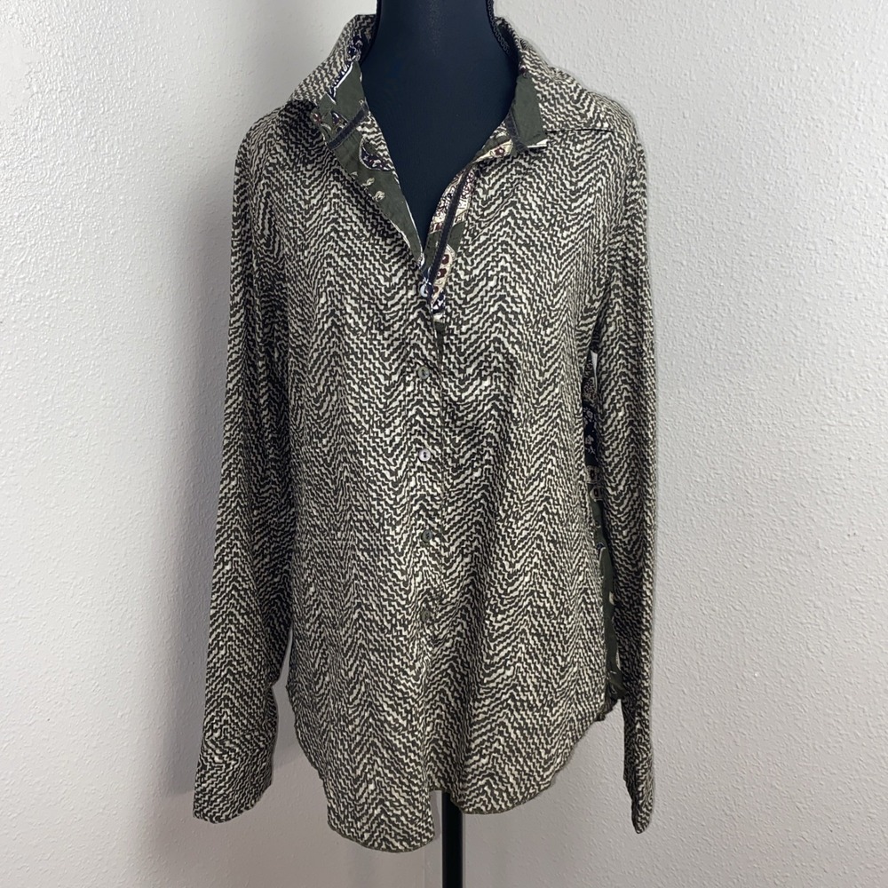 Cino Blouse Women's Small Green Paisley Geo Button‎ Up Long Sleeve Western Boho